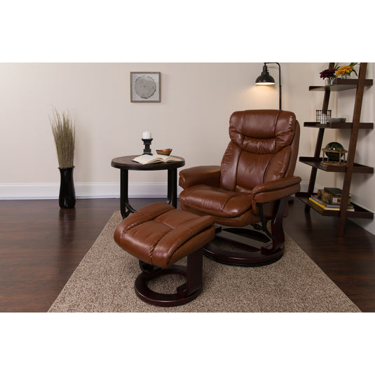 BT7821VIN Contemporary Brown Vintage Leather Recliner and Ottoman with Swiveling Mahogany Wood Base