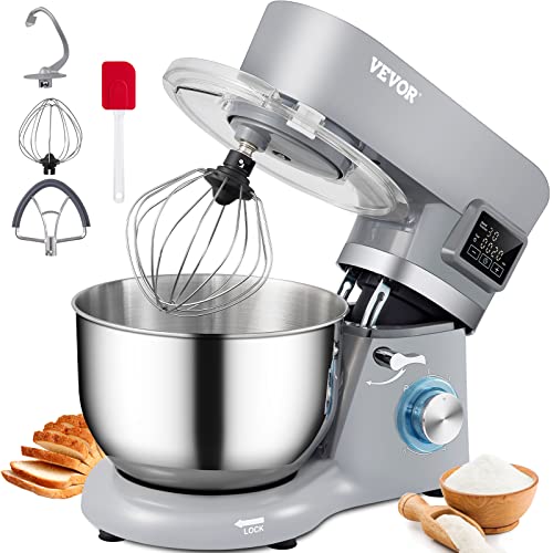 XRLLSJBJHHBDFN8 Stand Mixer 660W Electric Dough Mixer with 6 Speeds LCD Screen Timing Food Mixer with 5.8 Qt. Stainless Steel Bowl, Gray
