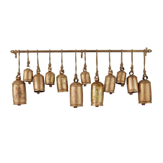 42542 Gold Metal Tibetan Inspired Cylindrical Decorative Cow Bell with Jute Hanging Rope and Rod