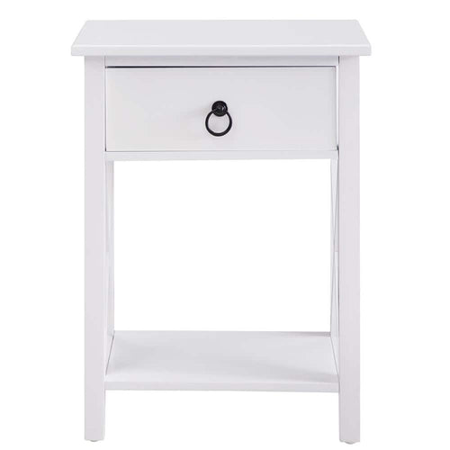 89428WF 12 in. White Rectangle Wood End Table with Drawer and Shelf Solid Narrow Side Table For Bedrooms Ideal For Small Spaces