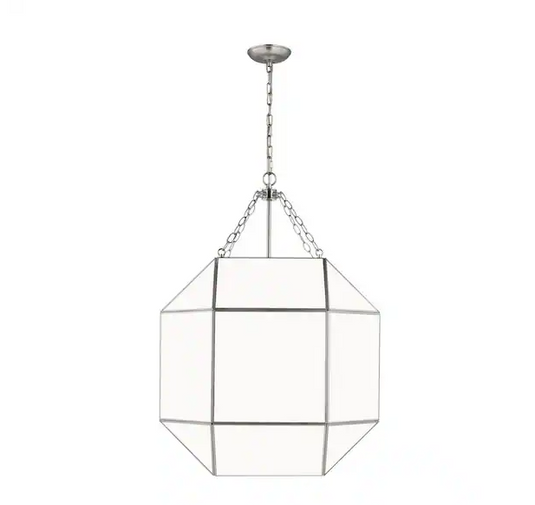 5279454-962 Morrison 4-Light Brushed Nickel Large Lantern Hanging Pendant Light with White Glass Panel *LOCAL PICK UP ONLY*