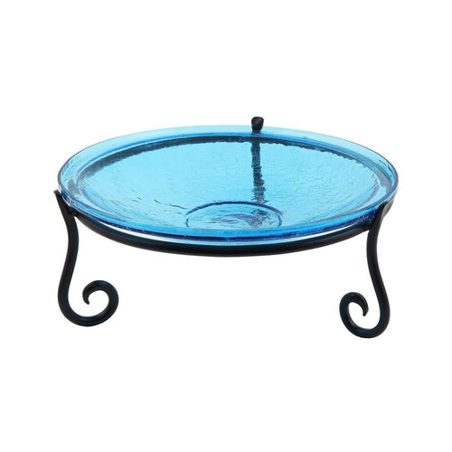 CGB-14T-S2 14 in. Dia Teal Blue Reflective Crackle Glass Birdbath Bowl with Short Stand II