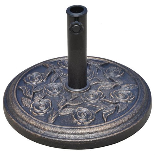 01-0901 18 in. Round Decorative Resin Rose Floral Patio Umbrella Base with Elegant Bronze Finish and Universal Coupler