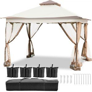 ZYP3.3MX3.3MSDZ Outdoor Pop-Up Canopy Gazebo Tent 11 ft. x 11 ft. Portable Canopy Patio with Netting and Four Sandbags, Brown