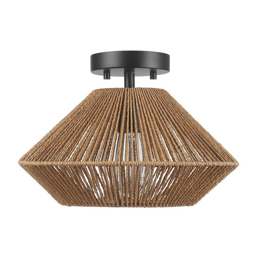 66000004 1-Light Matte Black Semi-Flush Mount Ceiling Light with Natural Twine Shade